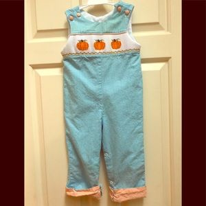 Baby boys 6 MOs pumpkin embroidered longalls.